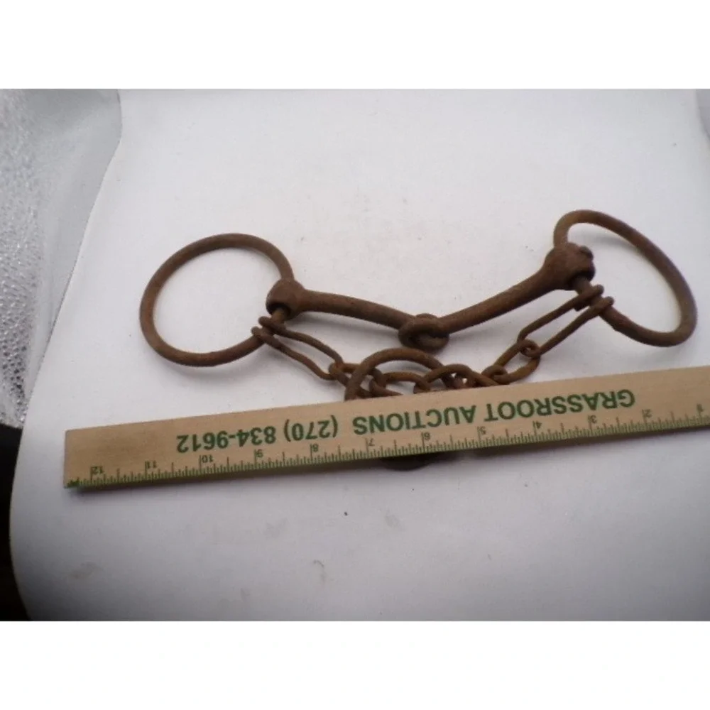 Antique Rusty Iron Snaffle Horse Bit with Chain Primitive Western Ranch Decor - Picture 3 of 3